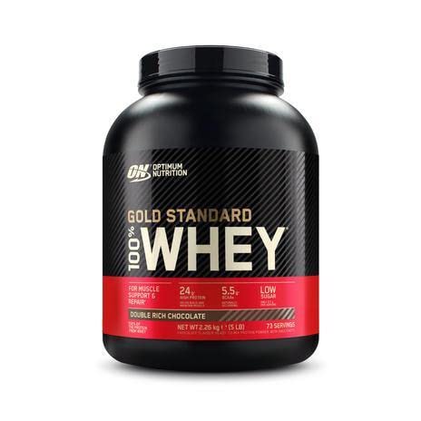 Optimum Nutrition Whey Gold Standard bottle shows rich chocolate flavor for post-workout support.