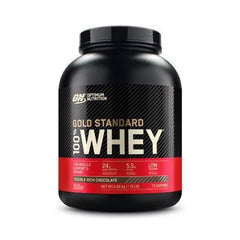 Optimum Nutrition Whey Gold Standard bottle shows rich chocolate flavor for post-workout support.