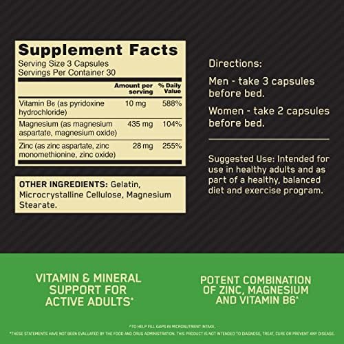 Supplement facts and ingredients for Optimum Nutrition Zinc Magnesium Aspartate