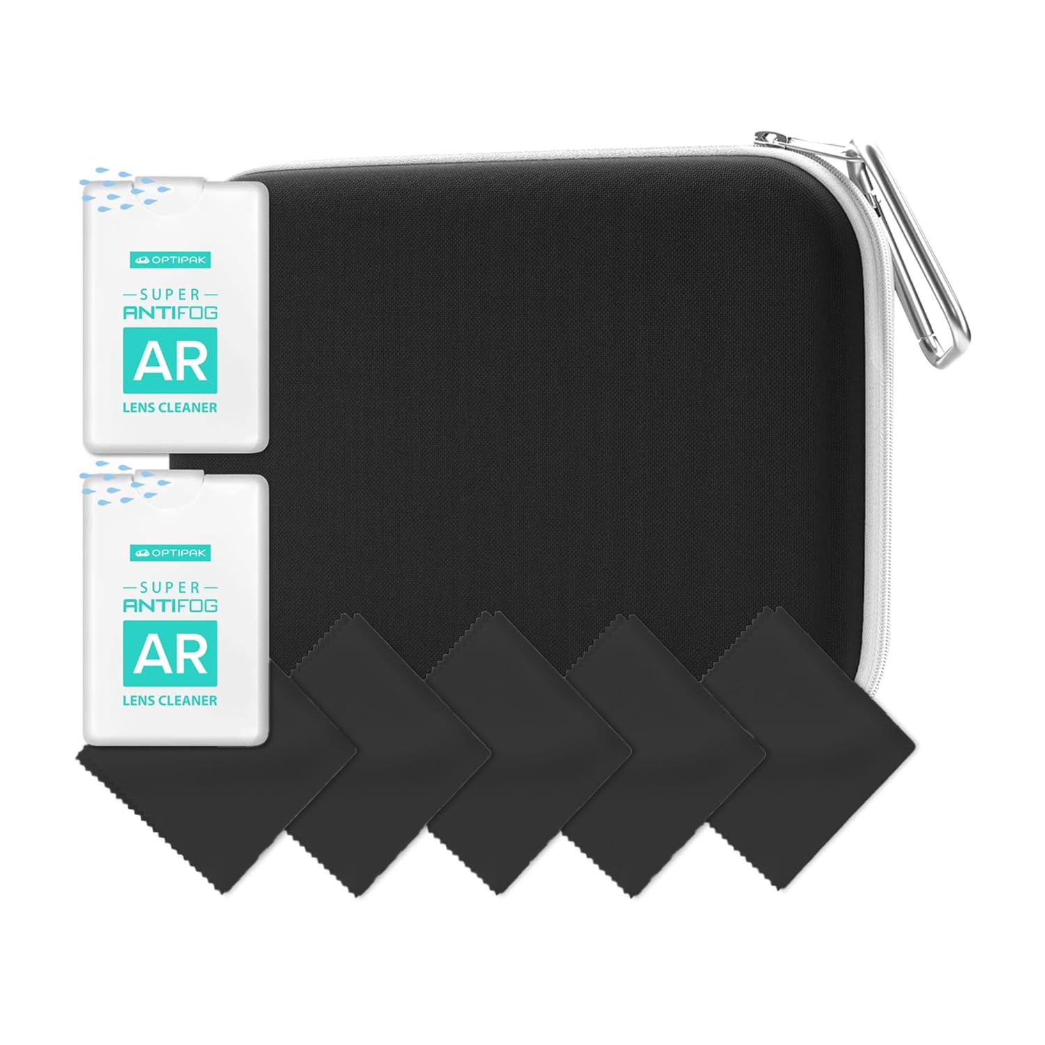 Front view of Optipak antifog spray kit with 30ml bottles in a black slim case
