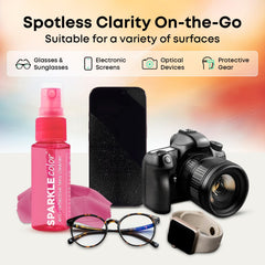 Pink 1oz spray bottle used for lens and screen cleaning in OPTIPAK Sparkle kit