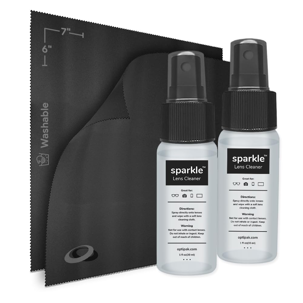 OPTIPAK Sparkle lens cleaner kit with two 1oz spray bottles and two microfiber cloths