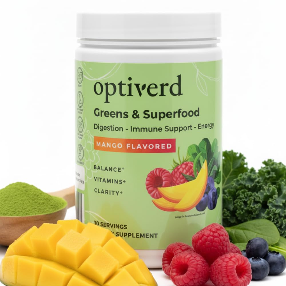 Canister of Optiverd Greens Superfood Powder with mango flavor and probiotics