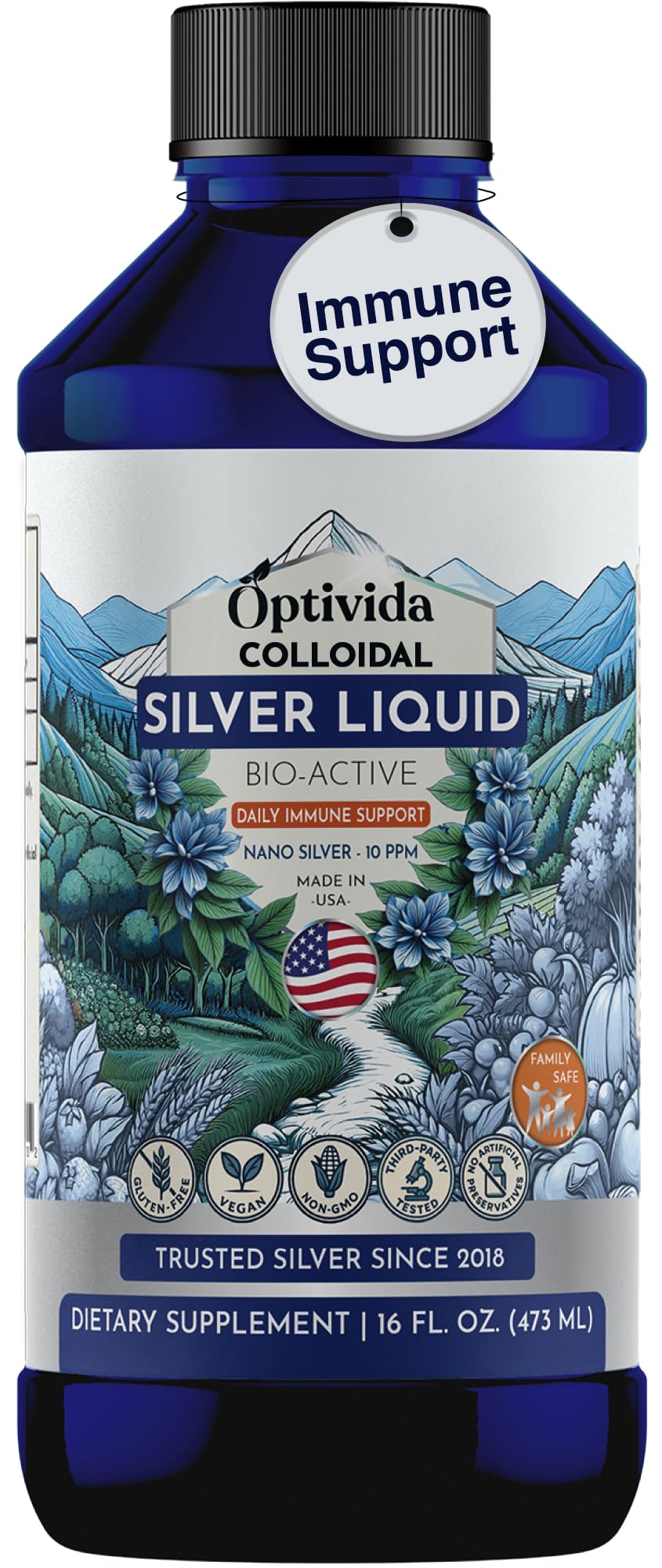 Optivida Health Colloidal Silver Liquid 16oz bottle front view