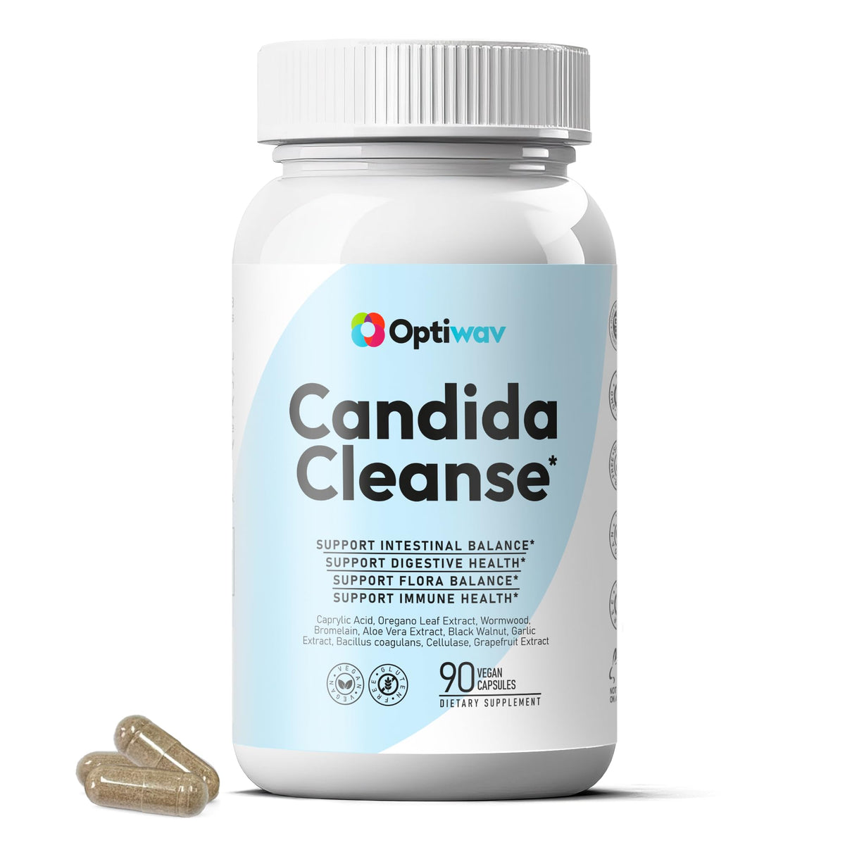 Optiwav Candida Cleanse bottle front for daily gut wellness and gentle candida support