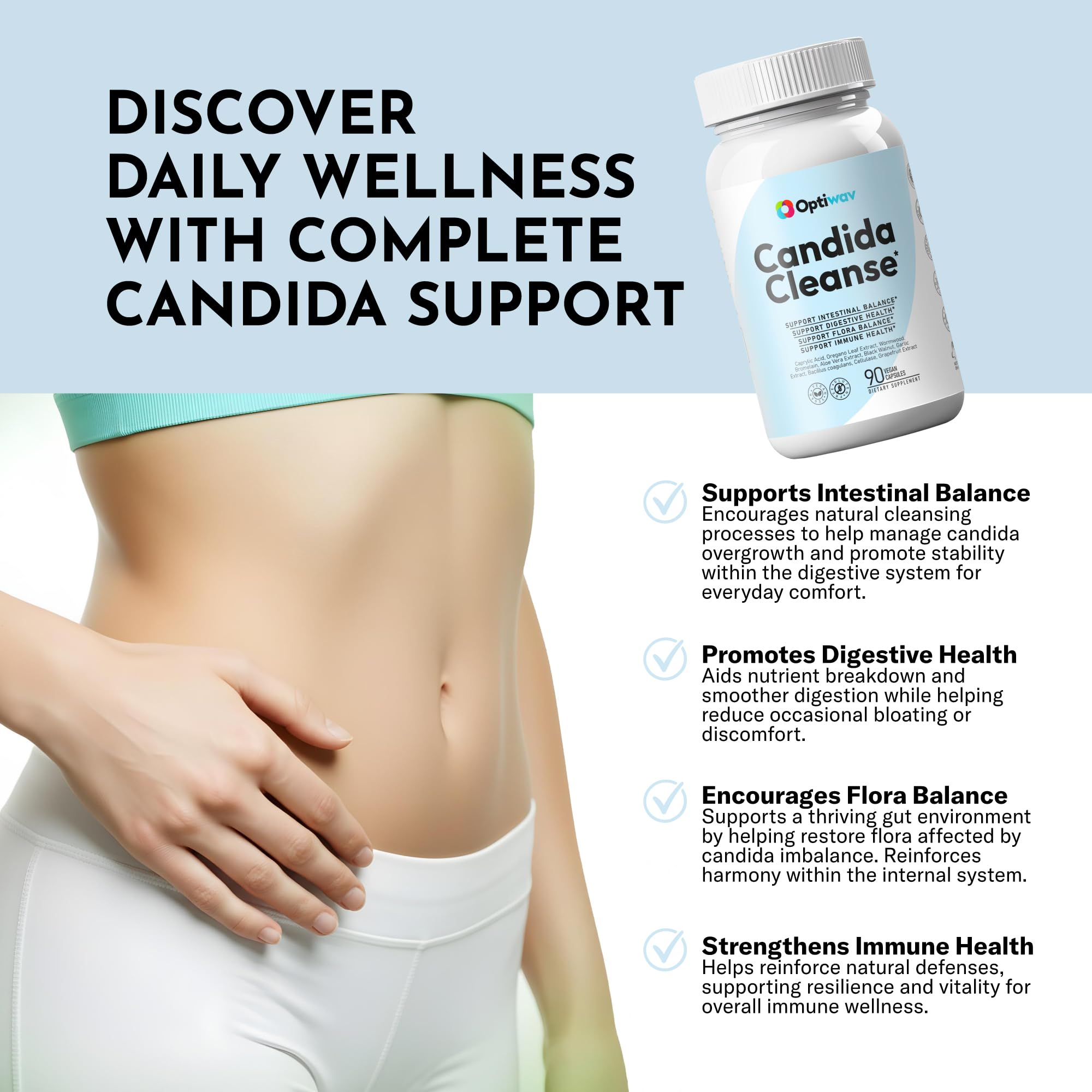 Optiwav Candida Cleanse capsules in hand for on the go digestive support