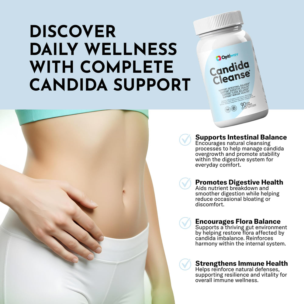 Optiwav Candida Cleanse capsules in hand for on the go digestive support