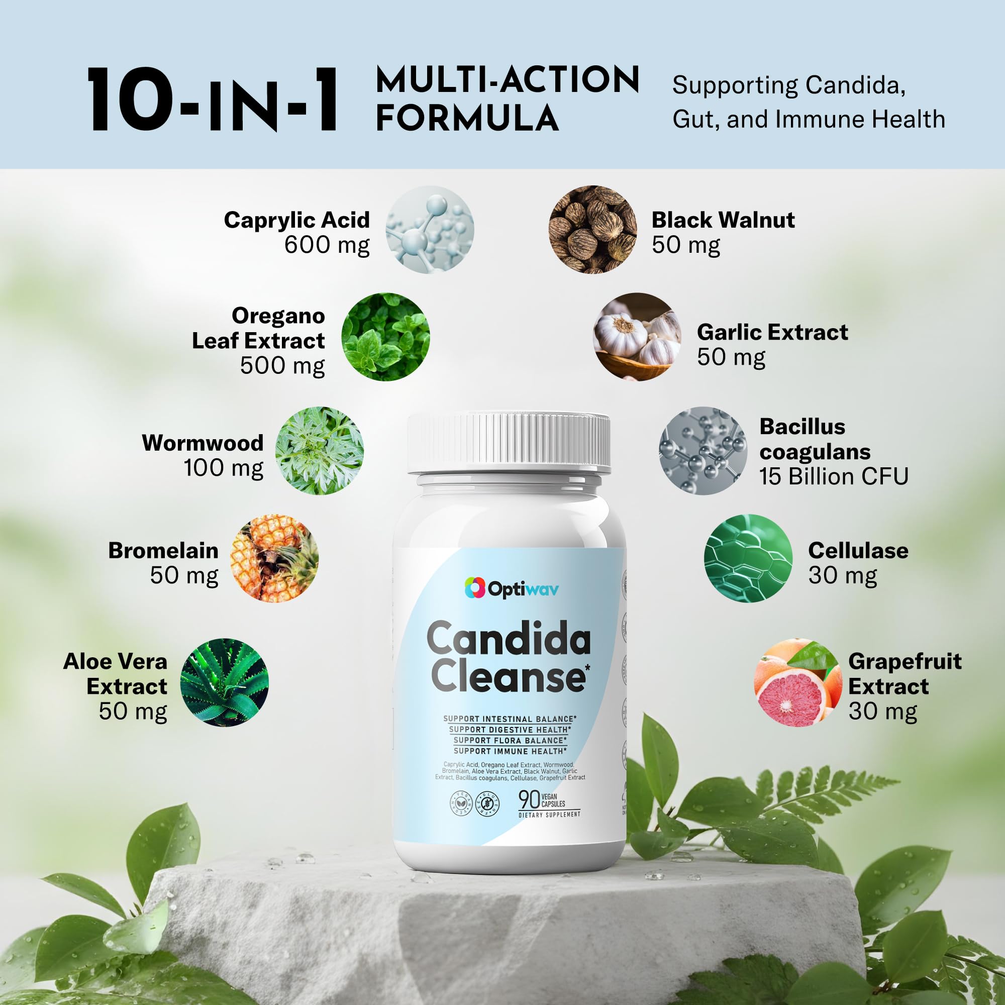 Optiwav Candida Cleanse herbal synergy nurtures gut flora balance and resilience