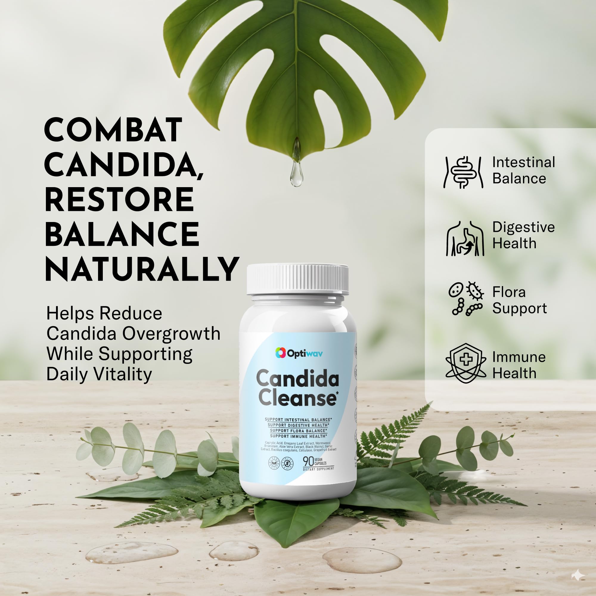 Optiwav Candida Cleanse ingredients label highlights caprylic acid and oregano botanicals