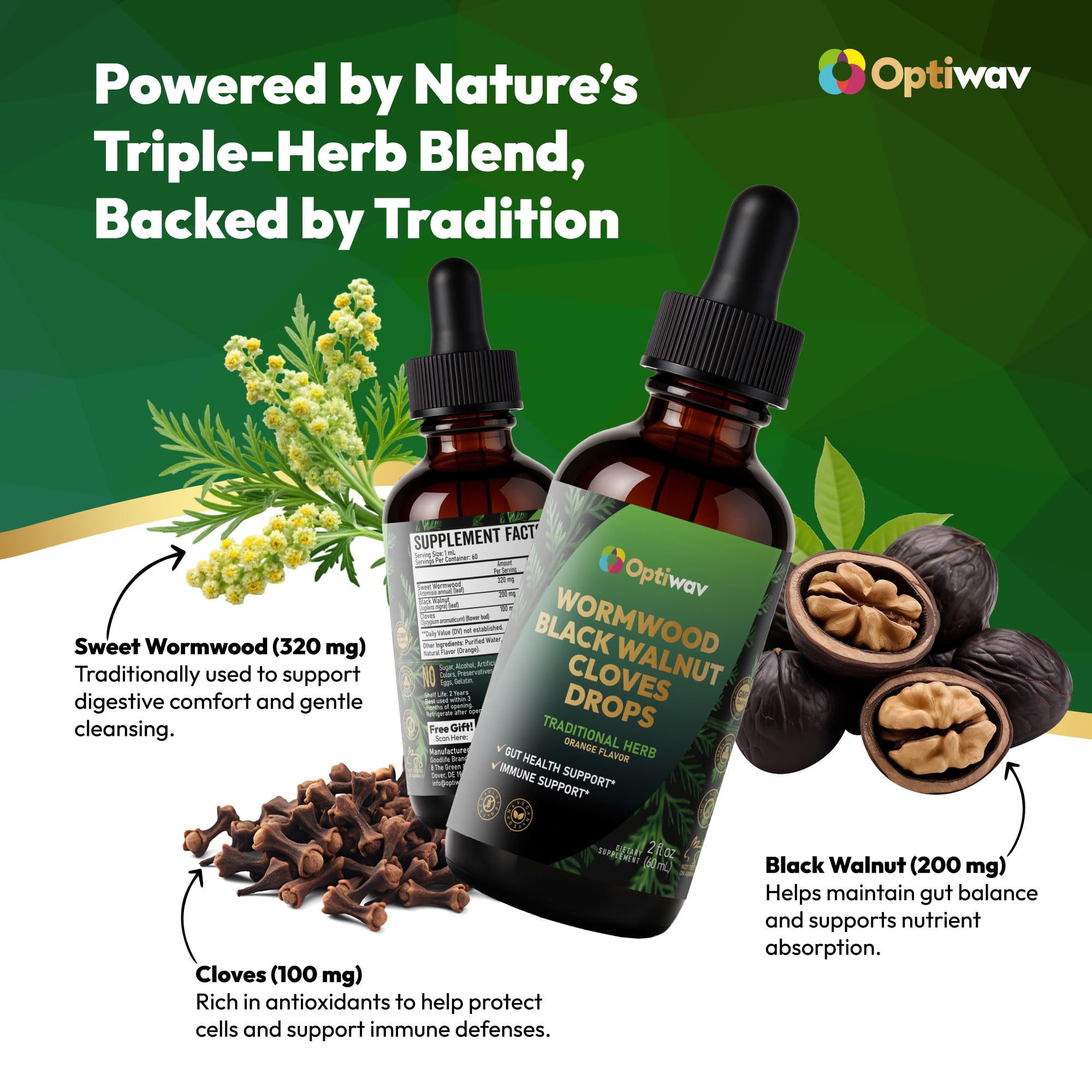 Ingredient panel for Optiwav Wormwood Black Walnut Cloves Drops
