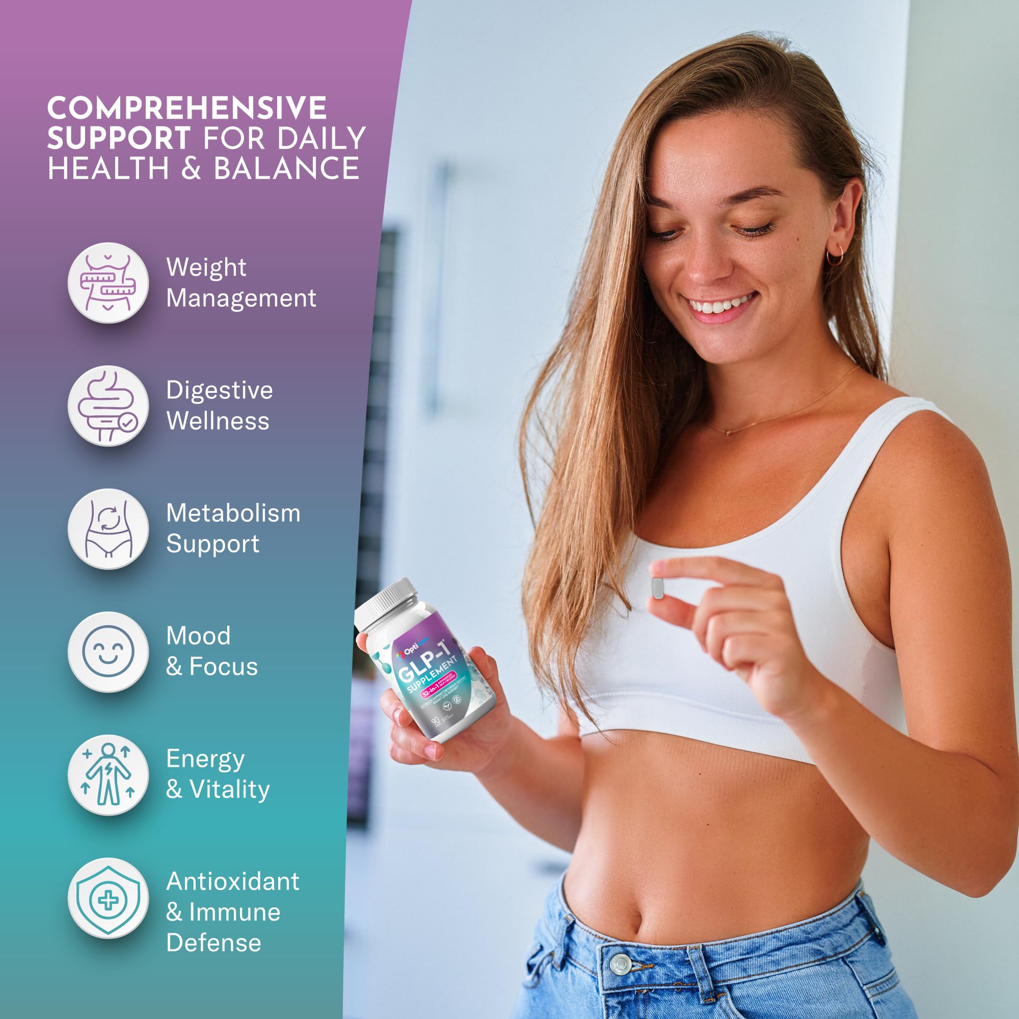 Optiwav GLP-1 capsules closeup showing vegan, gluten-free formula for clean nutrition.