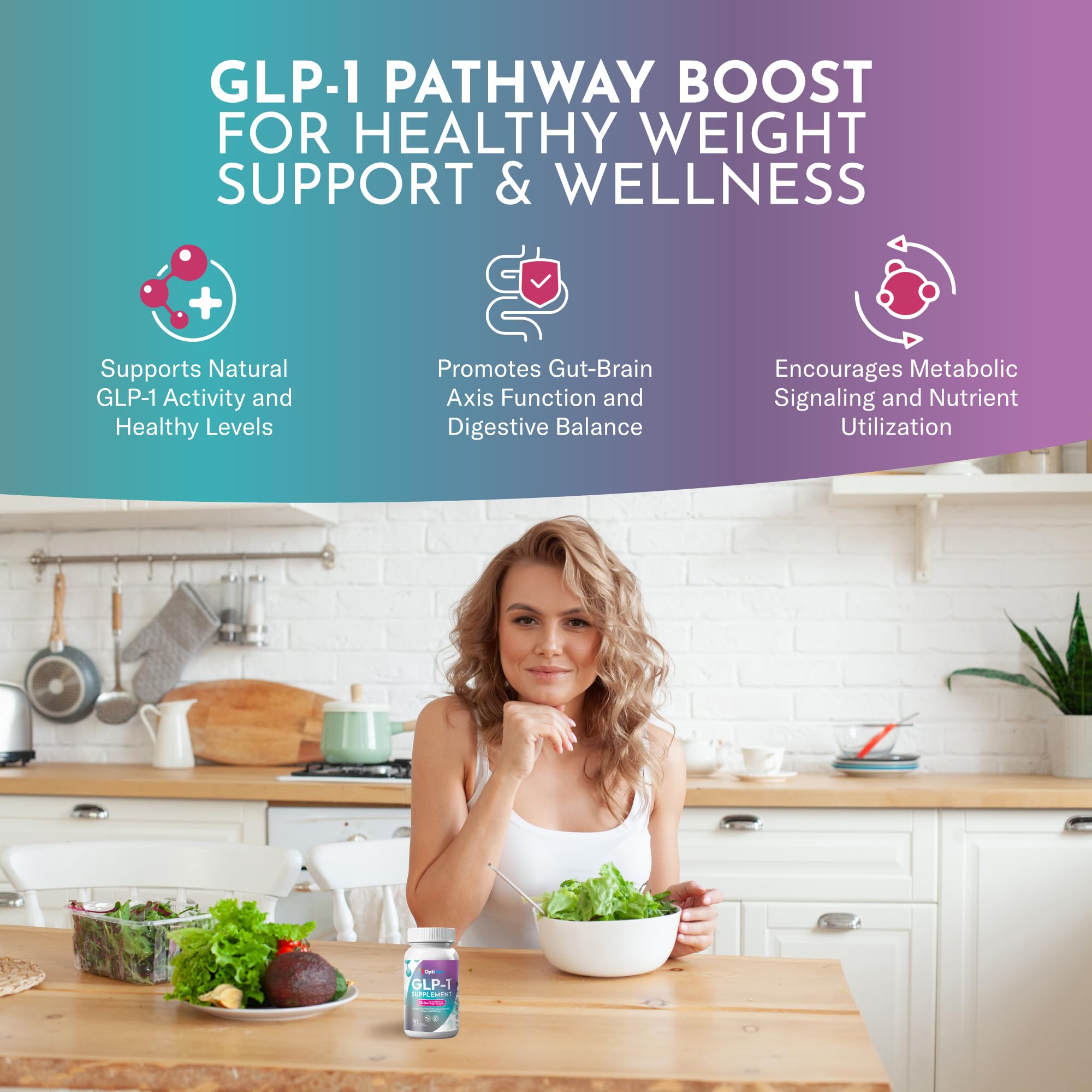 Optiwav GLP-1 probiotic Bacillus Coagulans visual supports gut health and regularity.