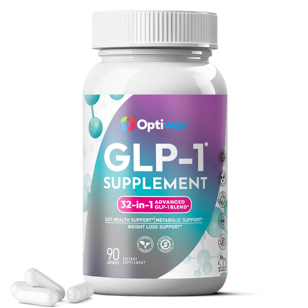 Optiwav GLP-1 supplement bottle for daily energy support and metabolism balance.