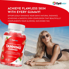 Close-up of strawberry-flavored OptiWav Tanning Gummies in bottle