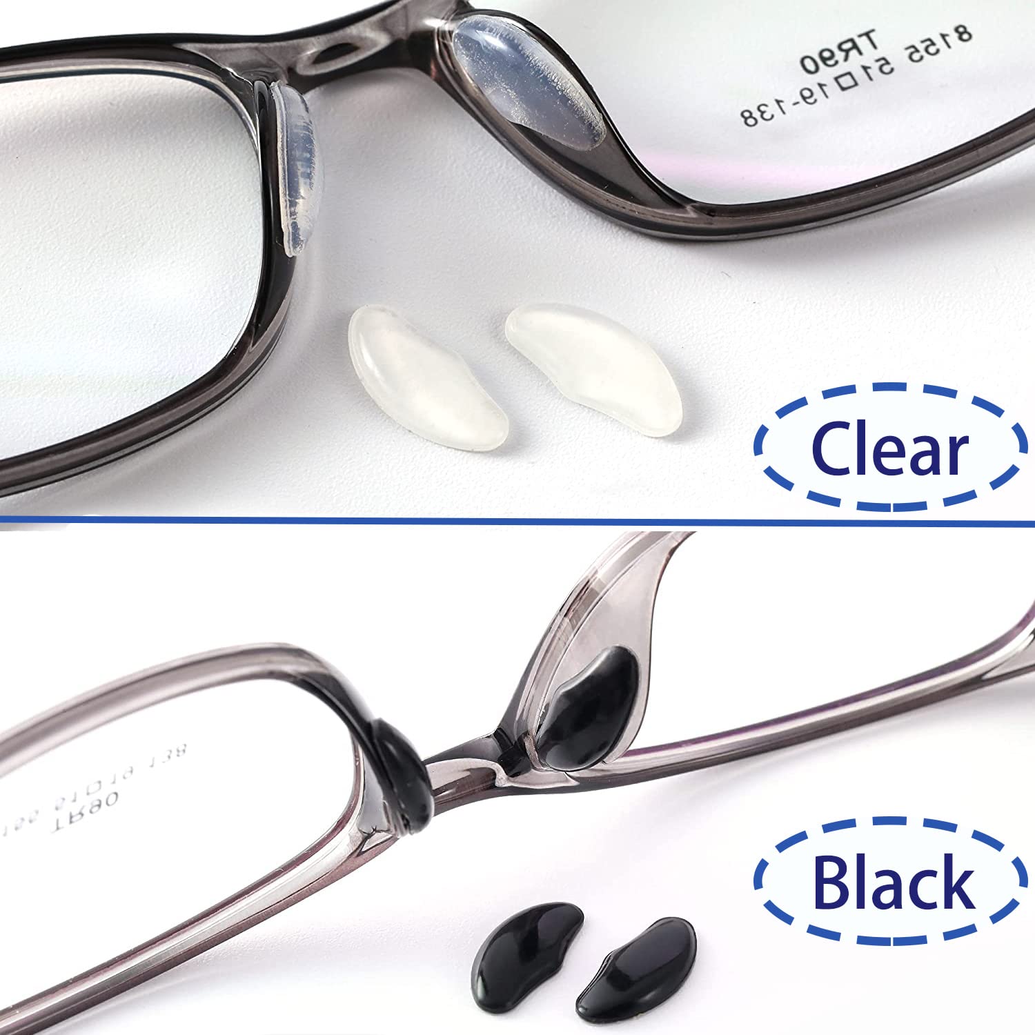 Nose pads attached to eyeglasses frame showing 2mm thickness