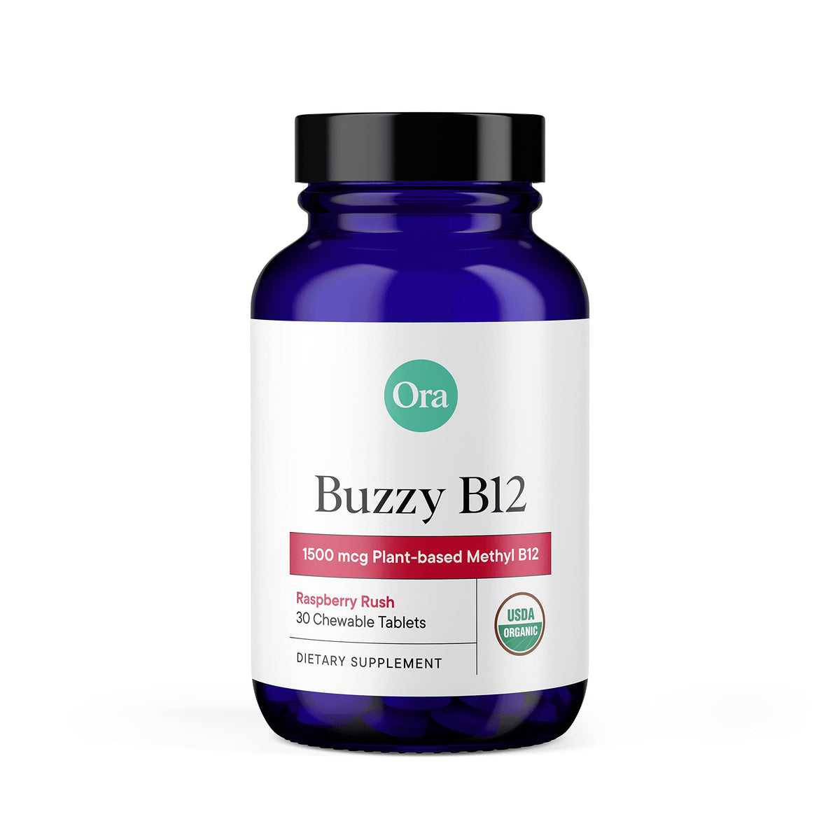 Bottle of Ora Organic B12 1500mcg raspberry chewable tablets with label