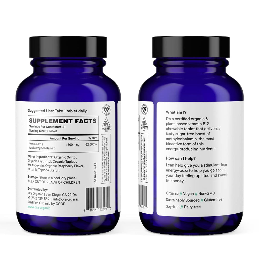 Close-up of raspberry-flavored B12 chewable tablet