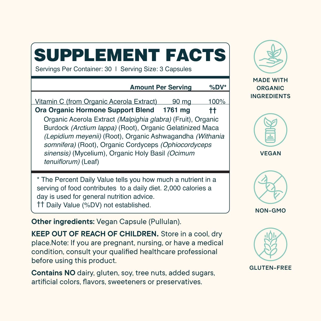 Ora Organic Hormone Balance bottle with label close-up
