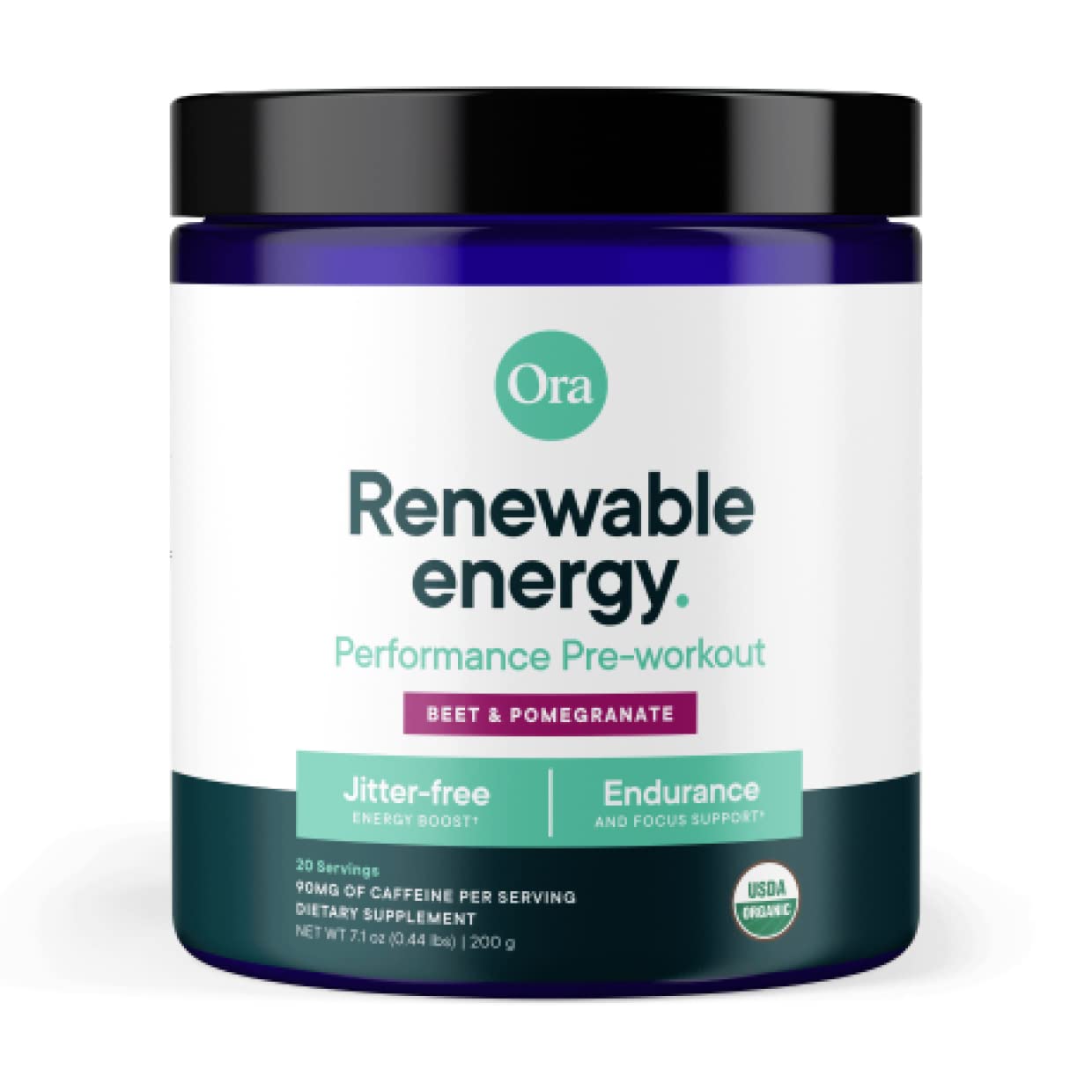 Ora Organic pre-workout berry beet powder with scoop for clean energy.