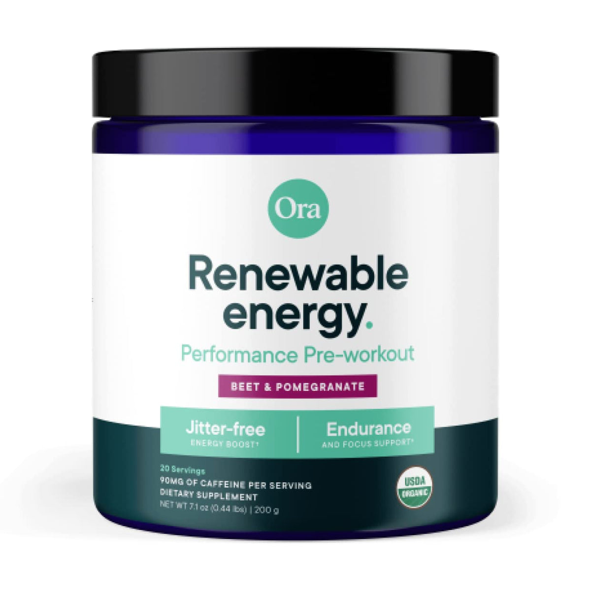 Ora Organic pre-workout berry beet powder with scoop for clean energy.