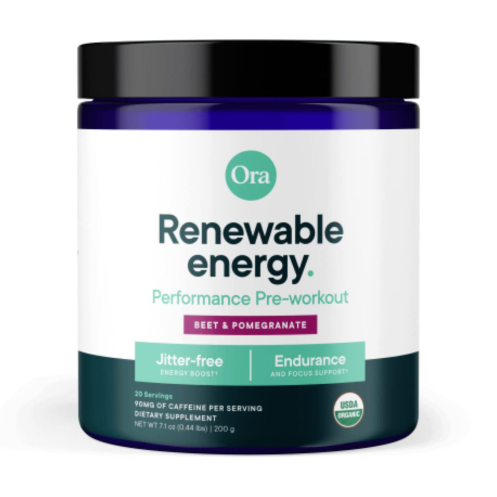 Ora Organic pre-workout berry beet powder with scoop for clean energy.