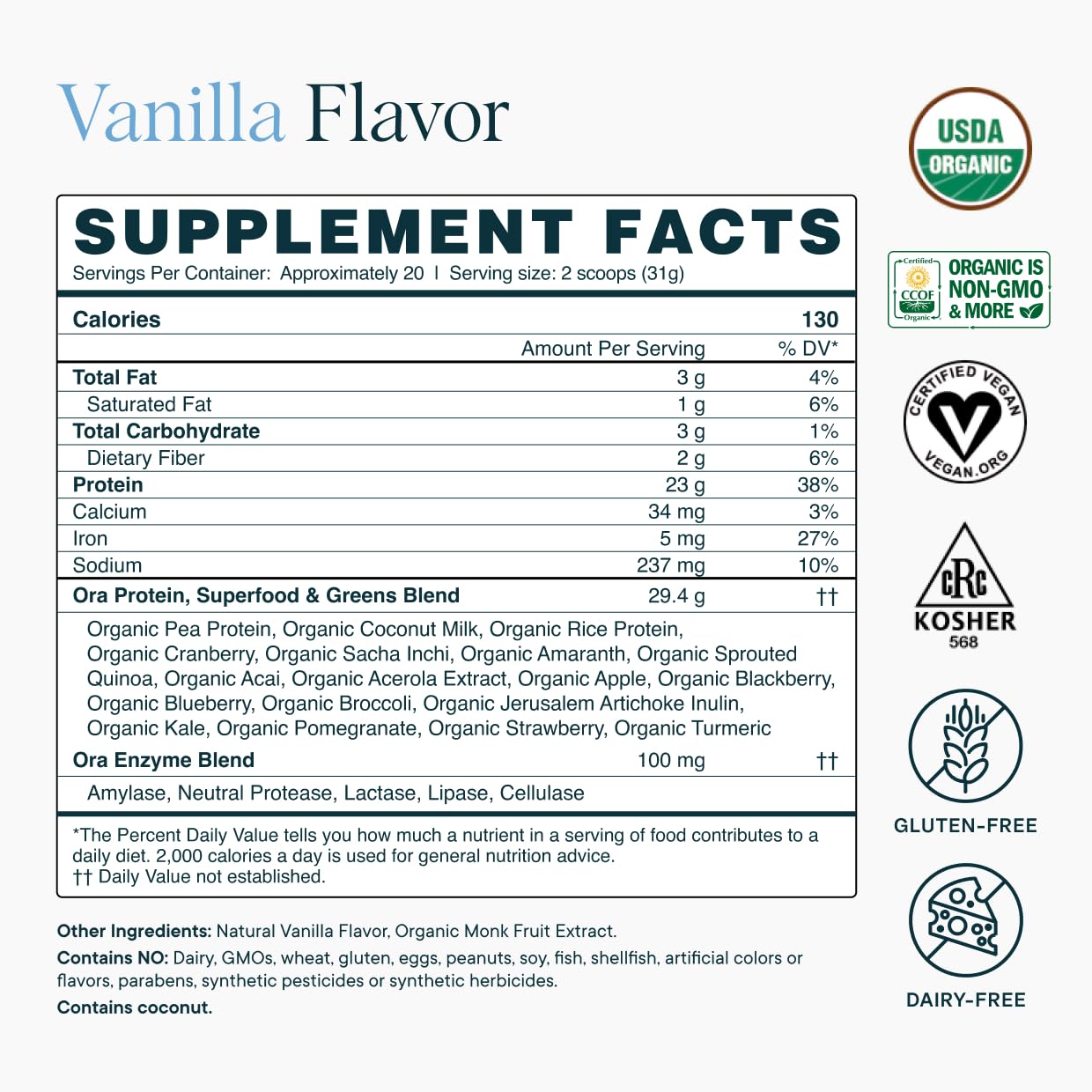 Ready-to-use protein powder packaging and scoop for Ora Organic Vanilla
