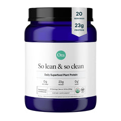 Ora Organic Vegan Protein Powder tub with label showing 23g protein