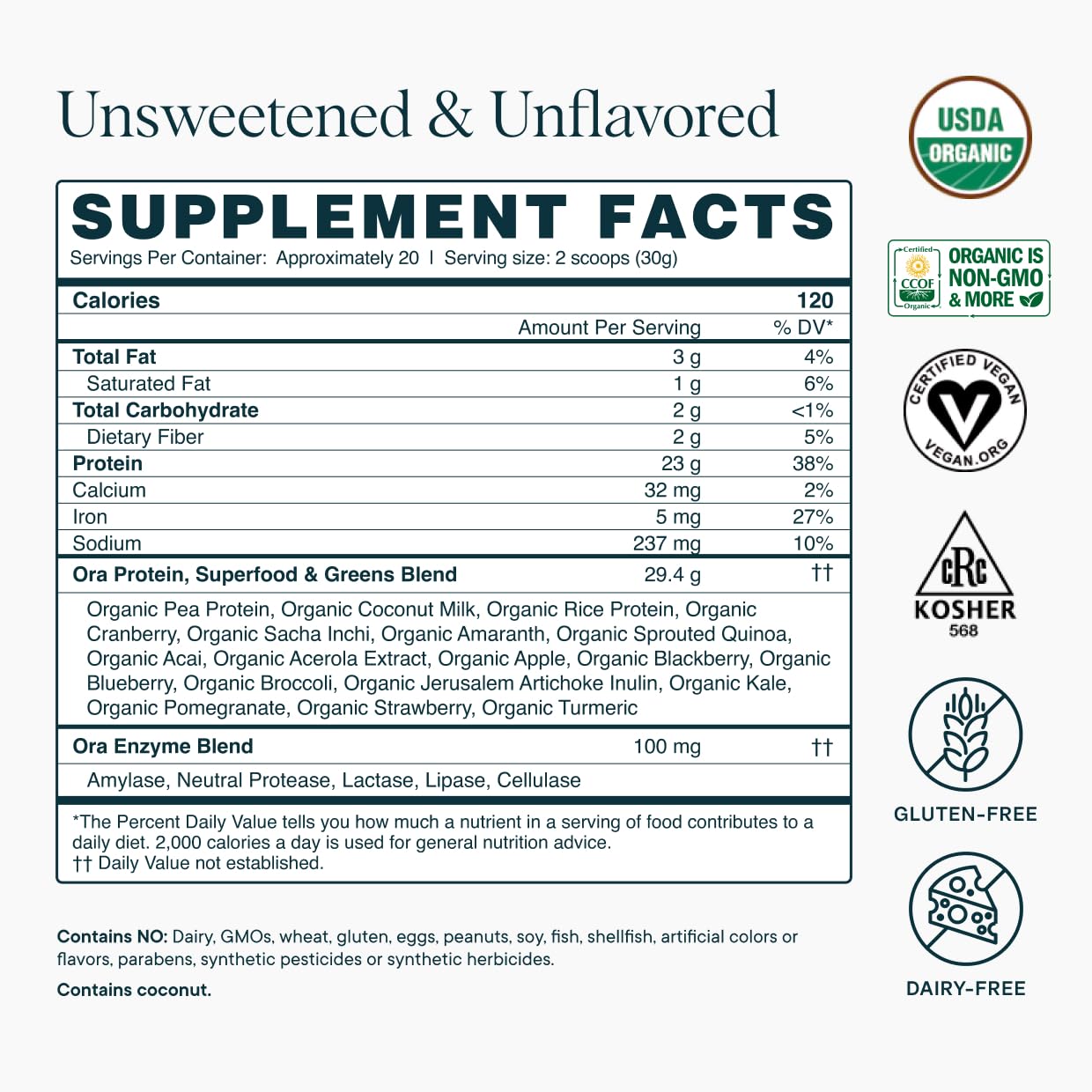 Nutrition facts panel showing 20 servings