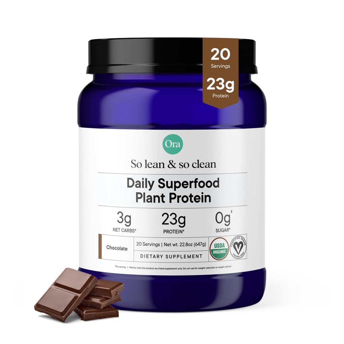 Ora Organic Chocolate vegan protein powder jar front