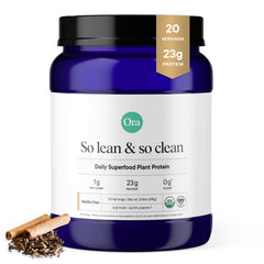 Front view of Ora Organic Vegan Protein Powder Vanilla Chai canister