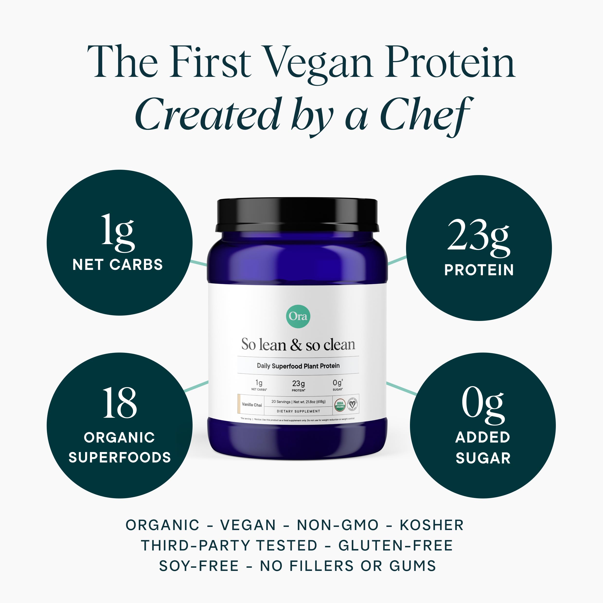 Close-up of Vanilla Chai label on Ora Organic protein powder canister