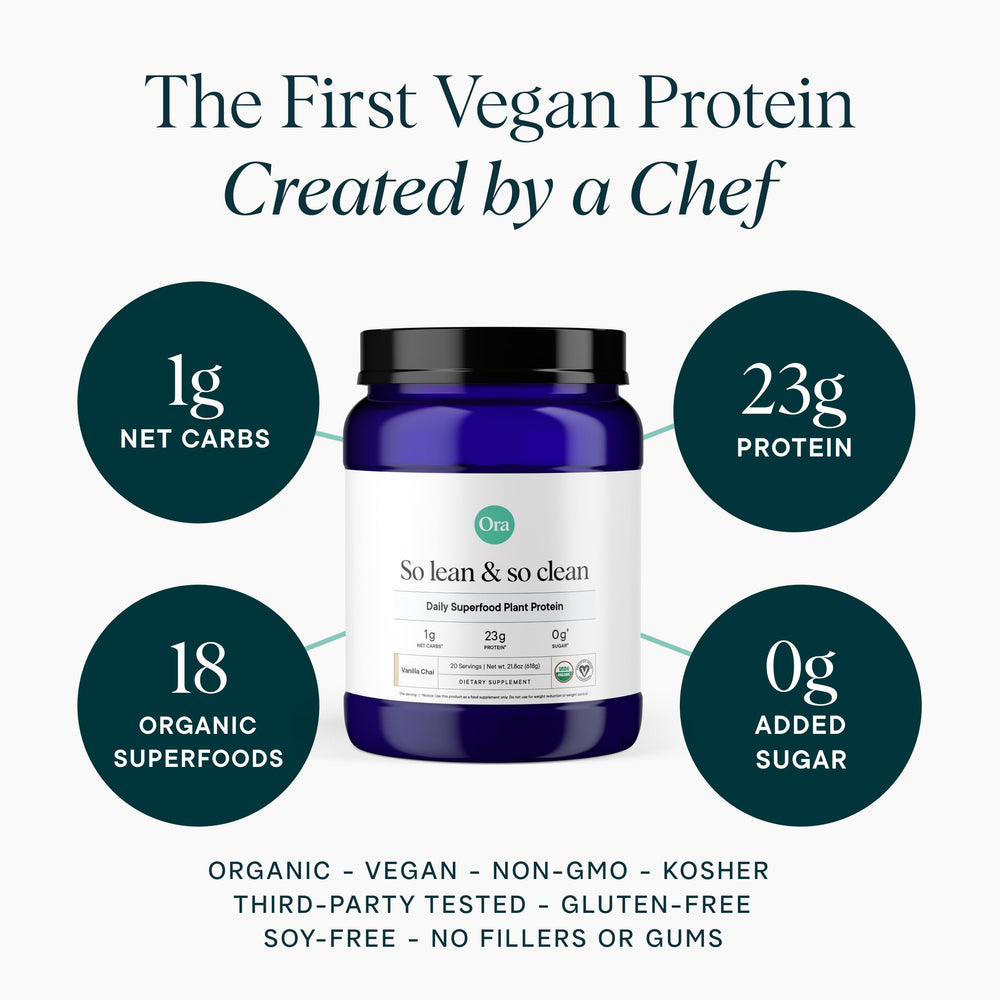 Close-up of Vanilla Chai label on Ora Organic protein powder canister