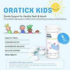 Child brushing teeth with OraTicx probiotic tablet