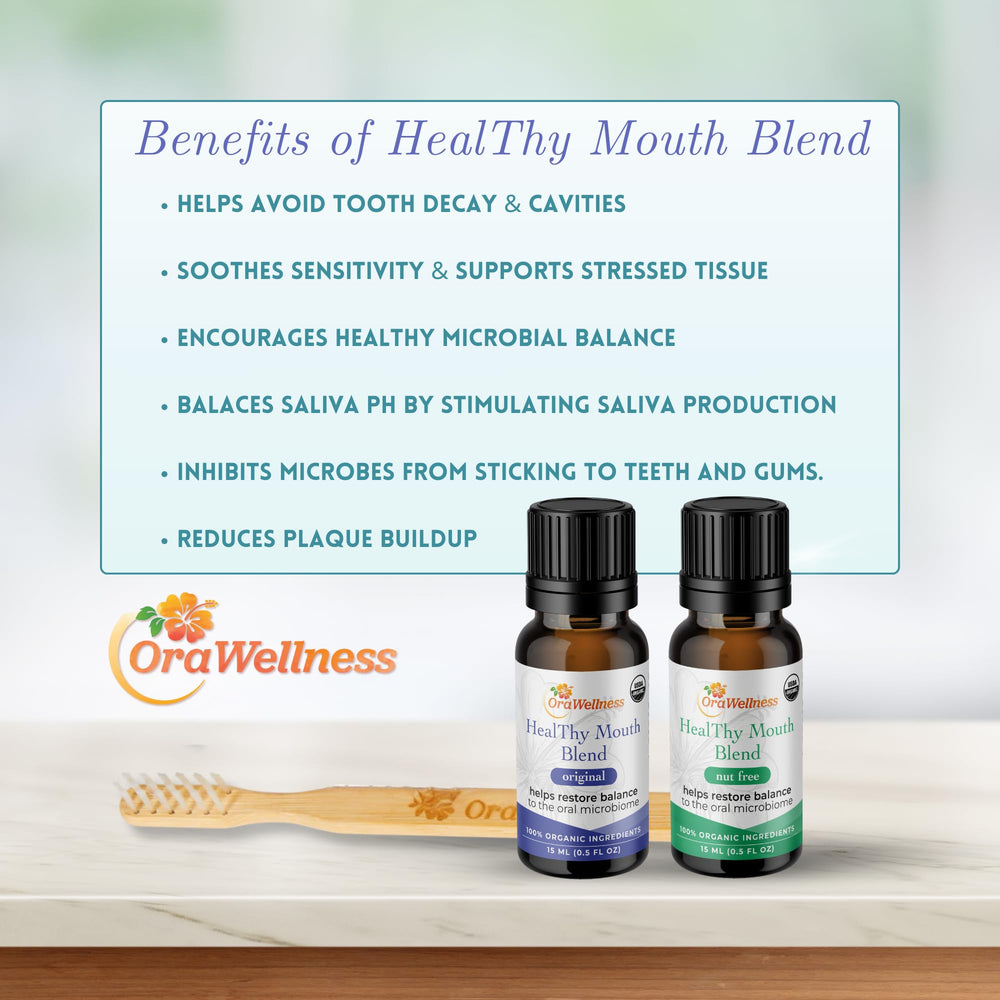 Nut Free Healthy Mouth Blend Tooth Oil bottle showing dropper applicator