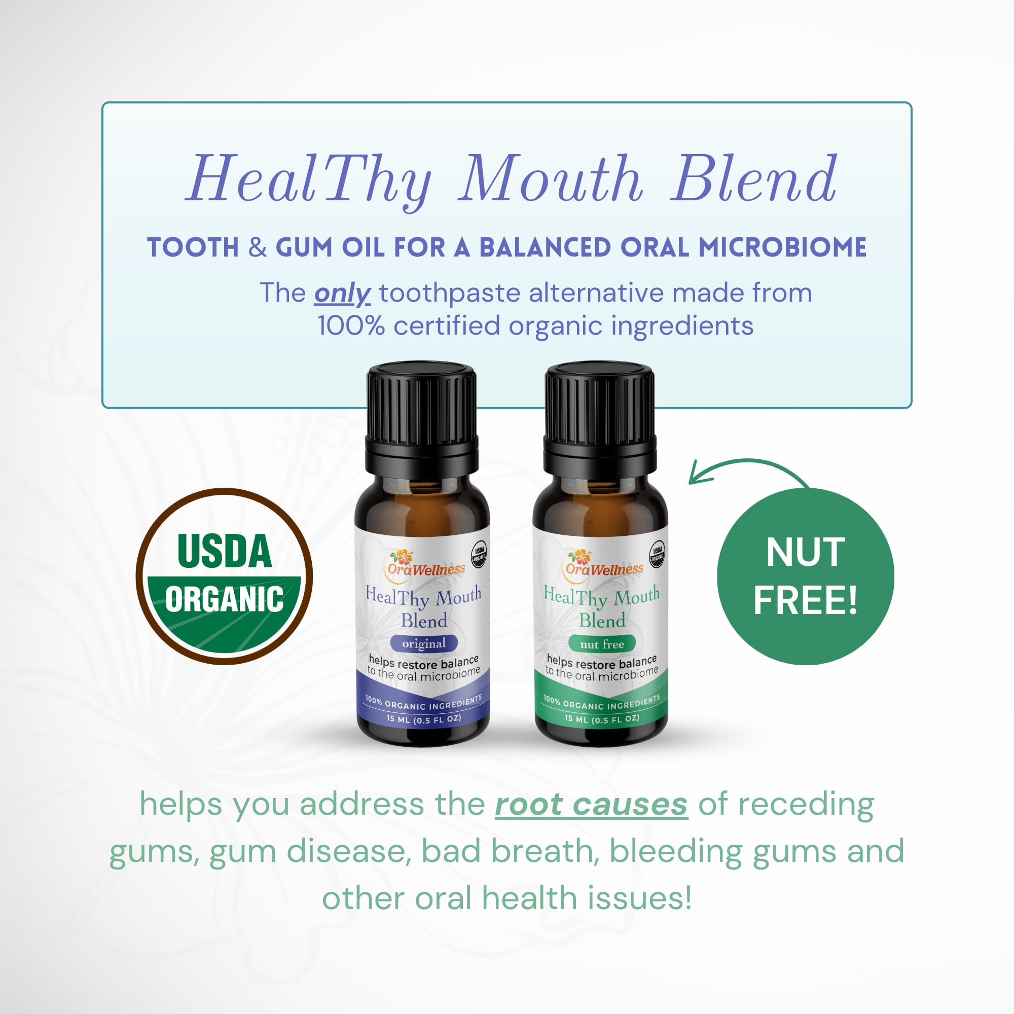 Close-up of Nut Free Healthy Mouth Blend Tooth Oil label