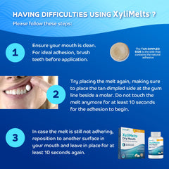 Adhesive XyliMelts discs attaching to teeth for dry mouth relief