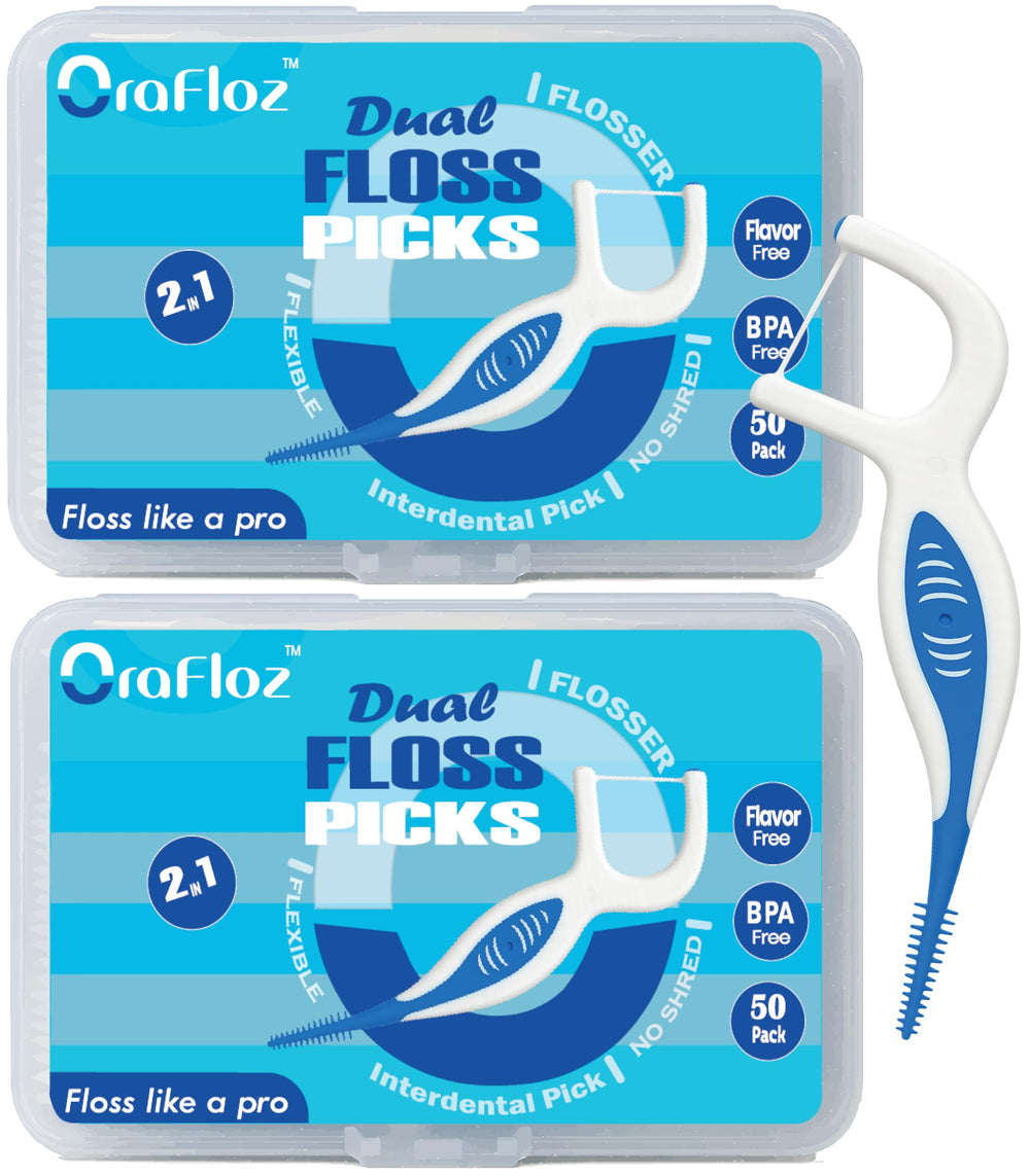 Orafloz 2-in-1 unflavored dental floss picks packaging