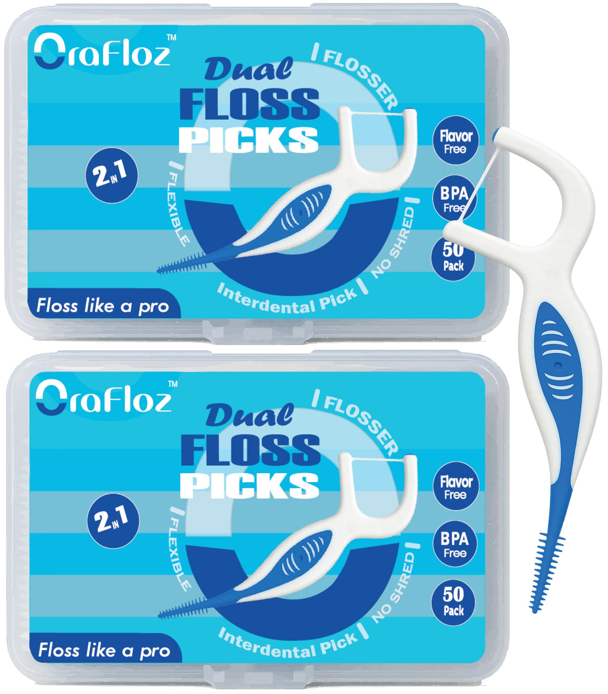 Orafloz 2-in-1 unflavored dental floss picks packaging