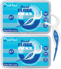 Orafloz 2-in-1 unflavored dental floss picks packaging