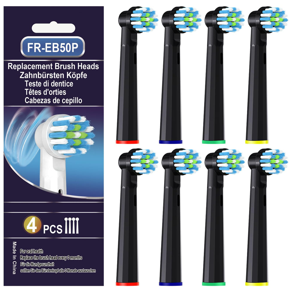 Eight replacement toothbrush heads in black with medium Dupont bristles