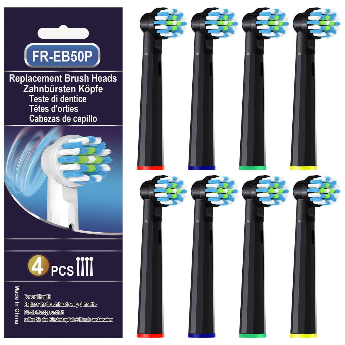 Eight replacement toothbrush heads in black with medium Dupont bristles