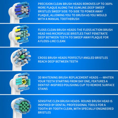 Five brush head designs included: Floss Clean, White Cleansing, 3D White, Cross Action, Daily Care Clean