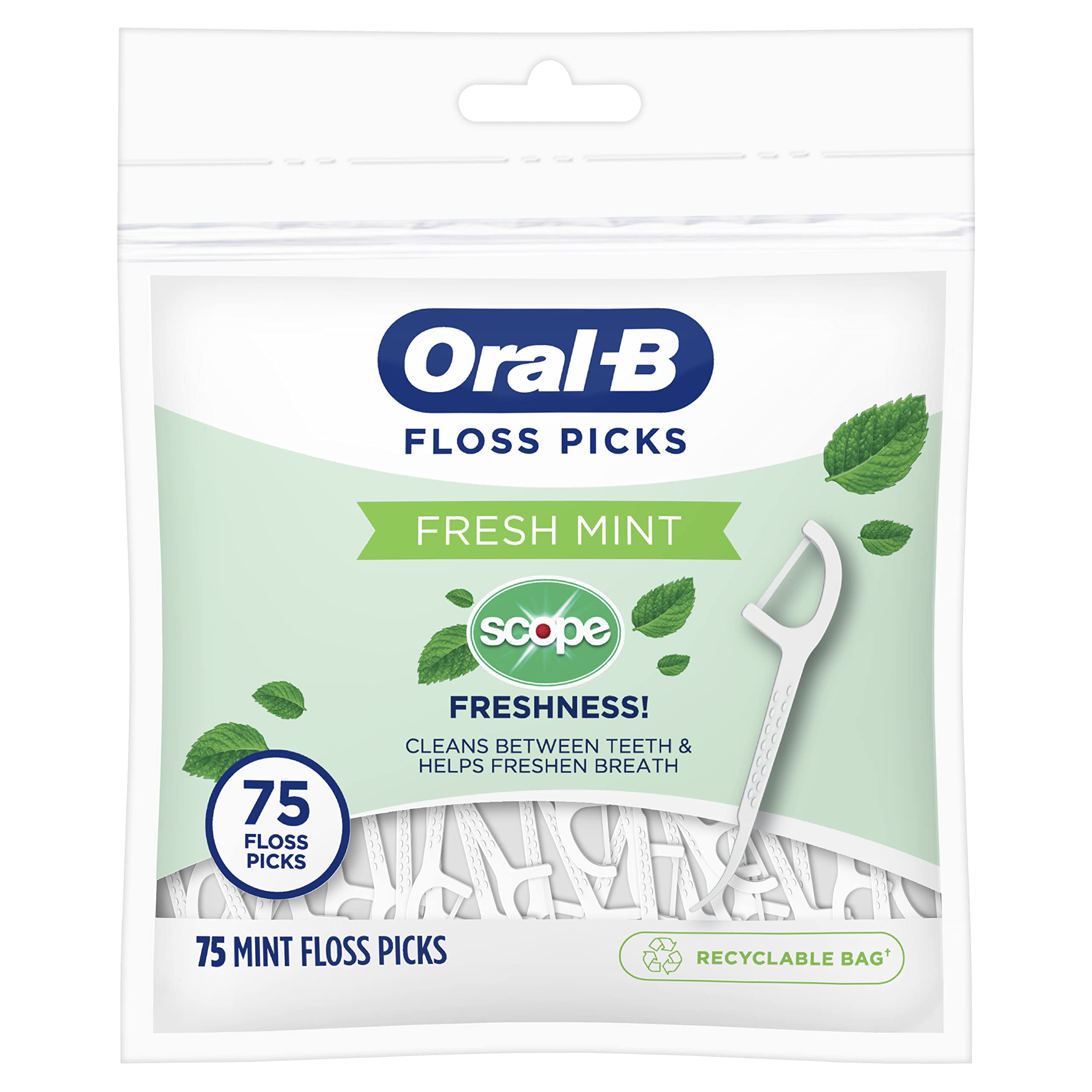 Six bags of Oral-B Burst of Scope Fresh Mint floss picks (75-count each) for a total of 450