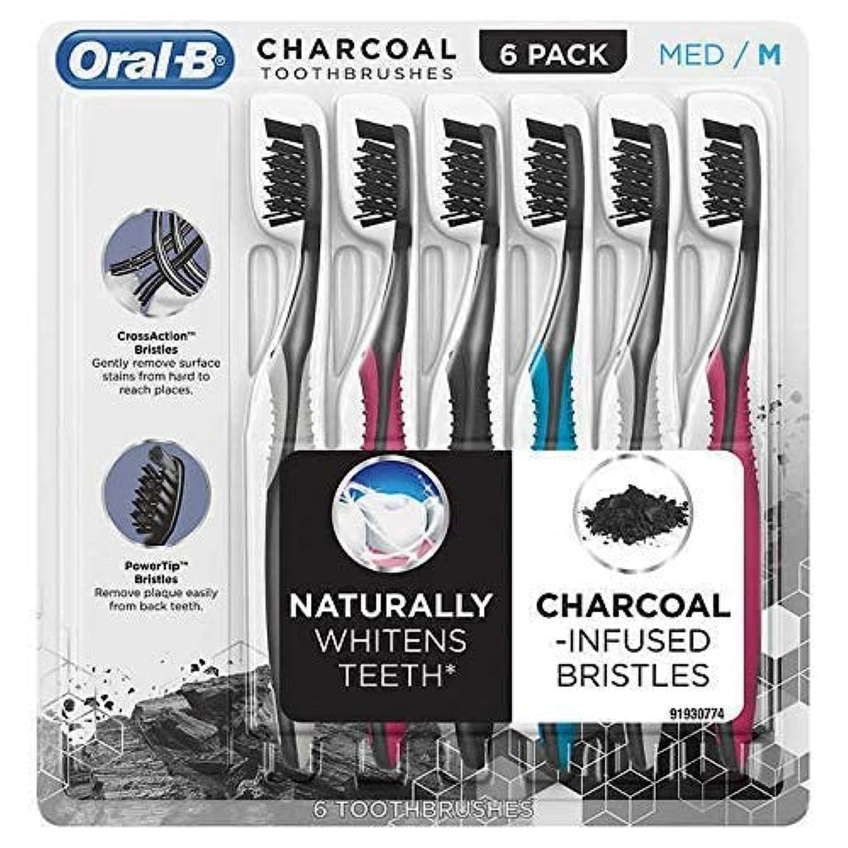 Front view of Oral-B Charcoal Infused CrossAction Toothbrush 6-Pack