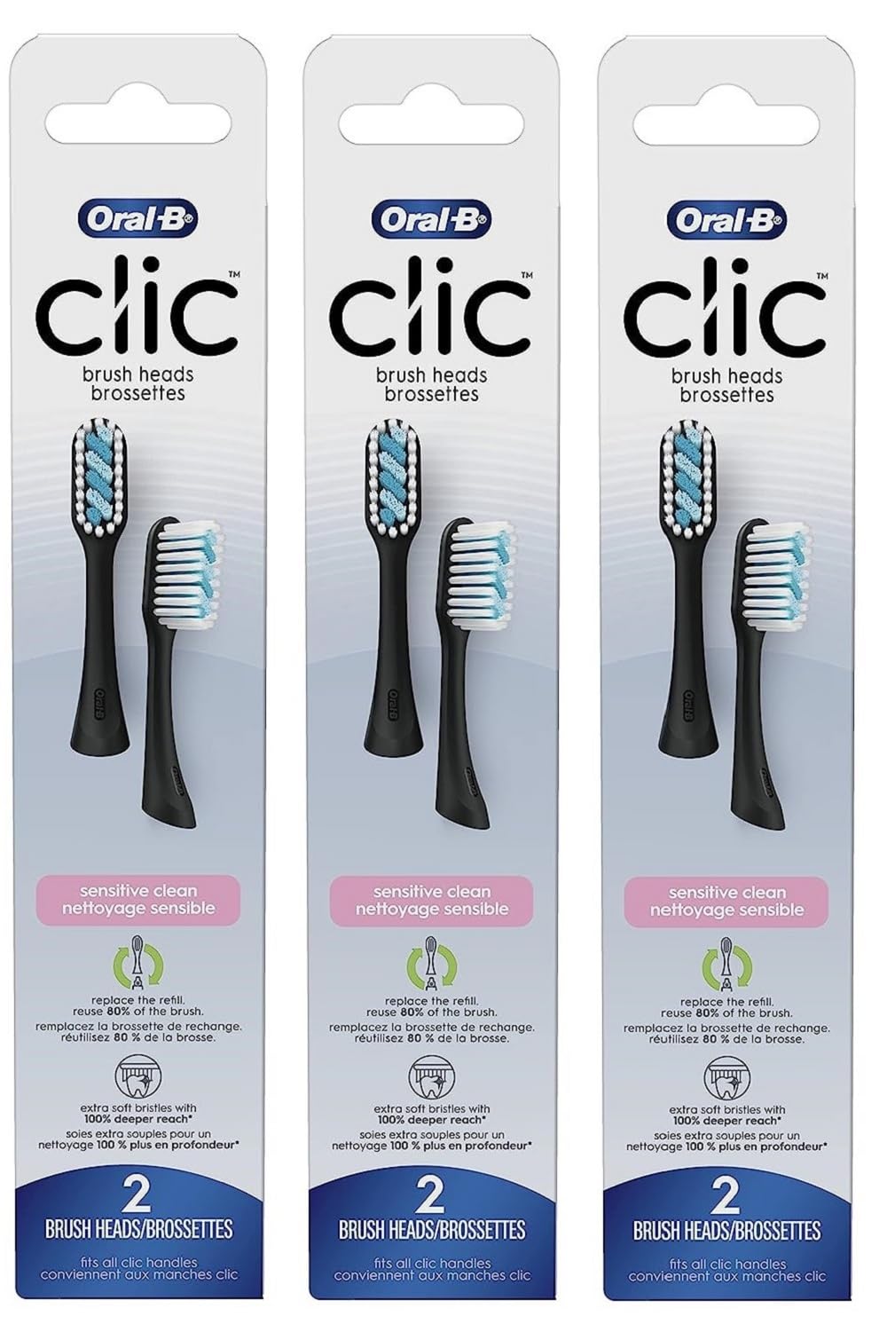 Oral-B Clic Sensitive Clean replacement brush head in black, front view