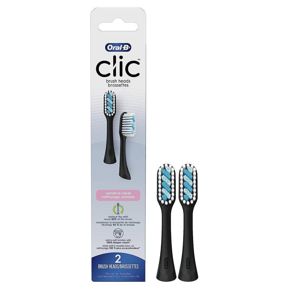 Close-up of Oral-B Clic sensitive clean brush head bristles in black
