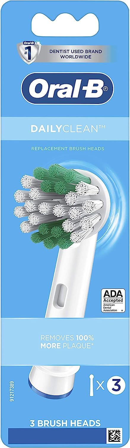 Close-up of Oral-B Daily Clean replacement toothbrush heads with soft bristles