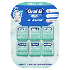 Six-pack box of Oral-B Glide Mint All-In-One Dental Floss, 48 yards per pack