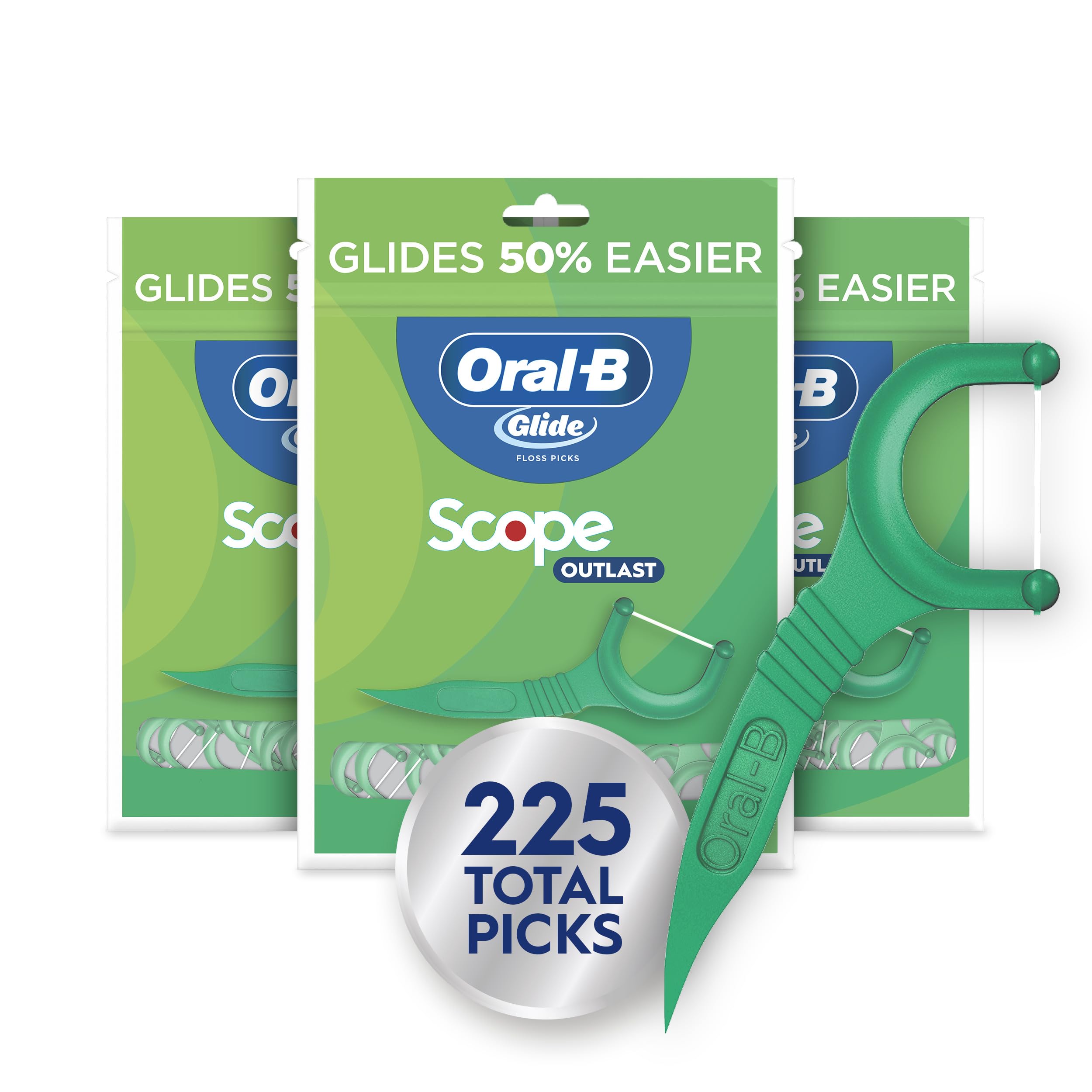 Packaging of Oral-B Glide Mint Floss Picks with Scope Outlast flavor