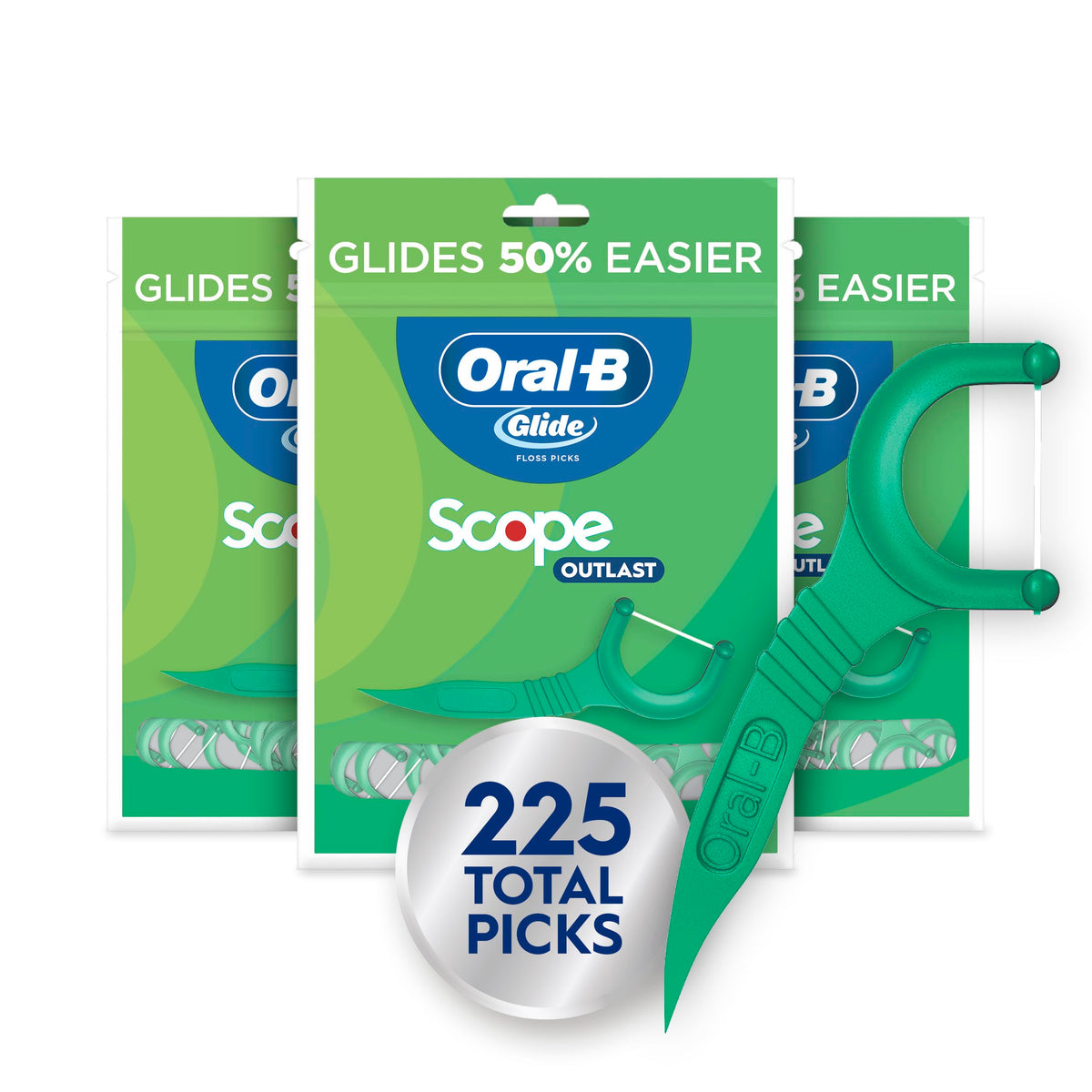 Packaging of Oral-B Glide Mint Floss Picks with Scope Outlast flavor